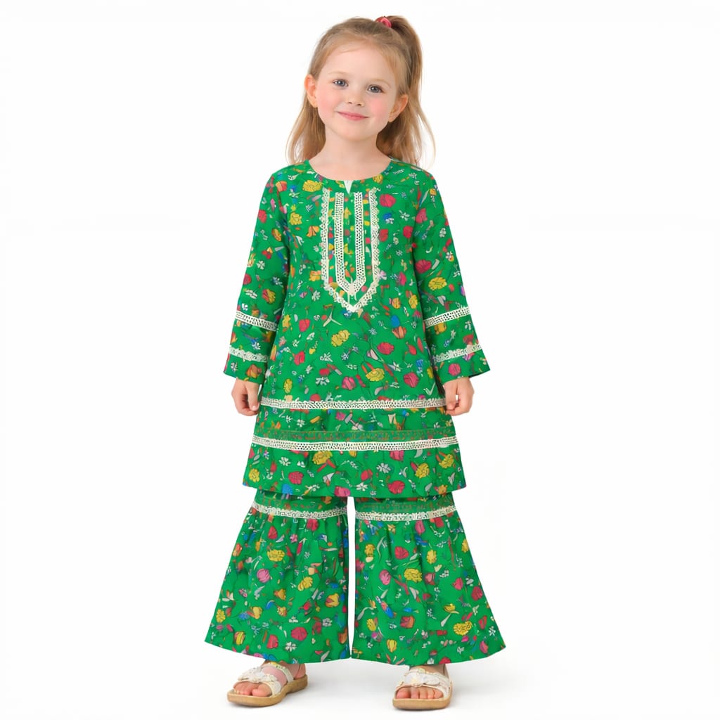 GREEN PRINTED KURTI & GHARARA